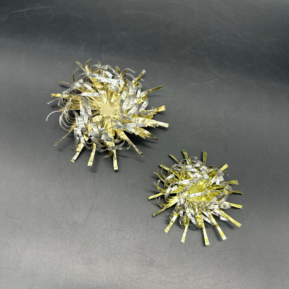 Vintage Atomic Starburst Christmas Ornaments Aluminum Handmade Set Of 2